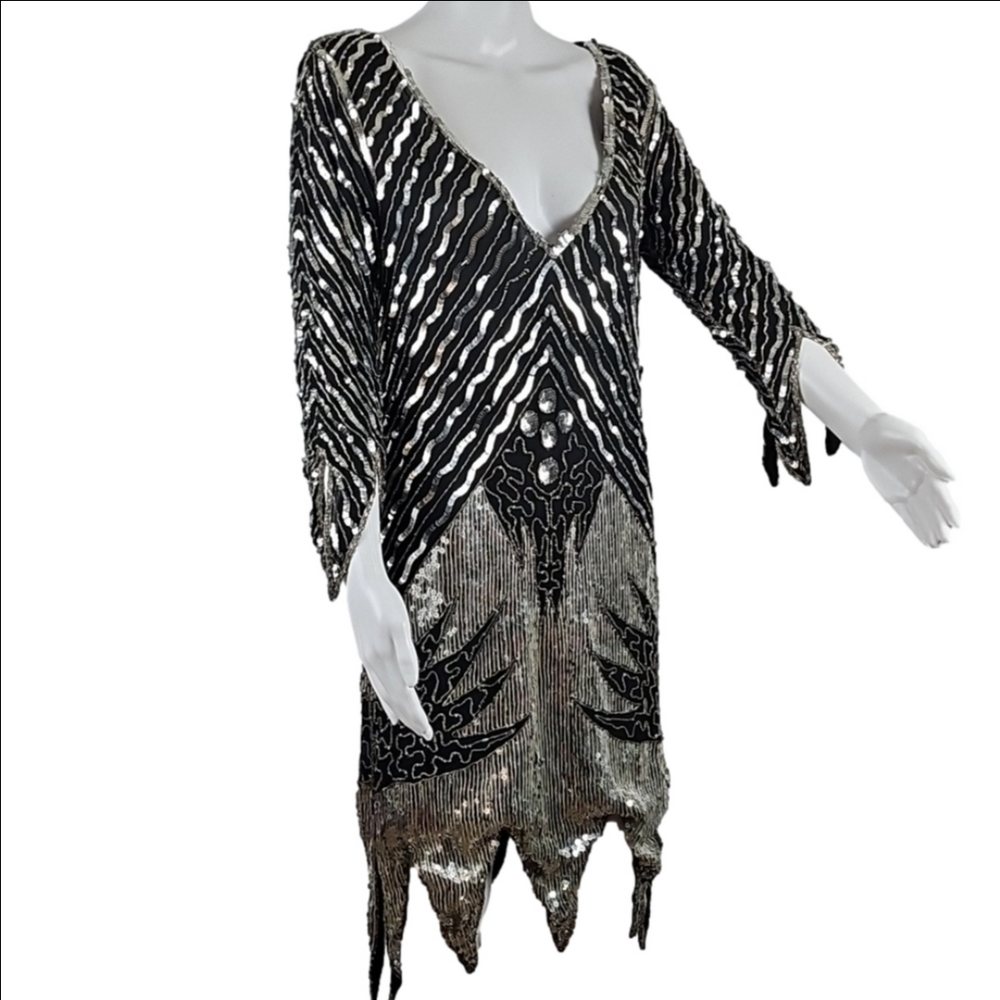 Vintage LeMieux Black Silver Metallic Beaded Sequined Art Deco Cocktail Dress